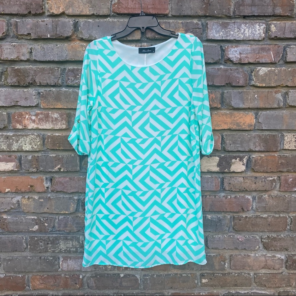 Anna Grace White and Teal Patterned Dress